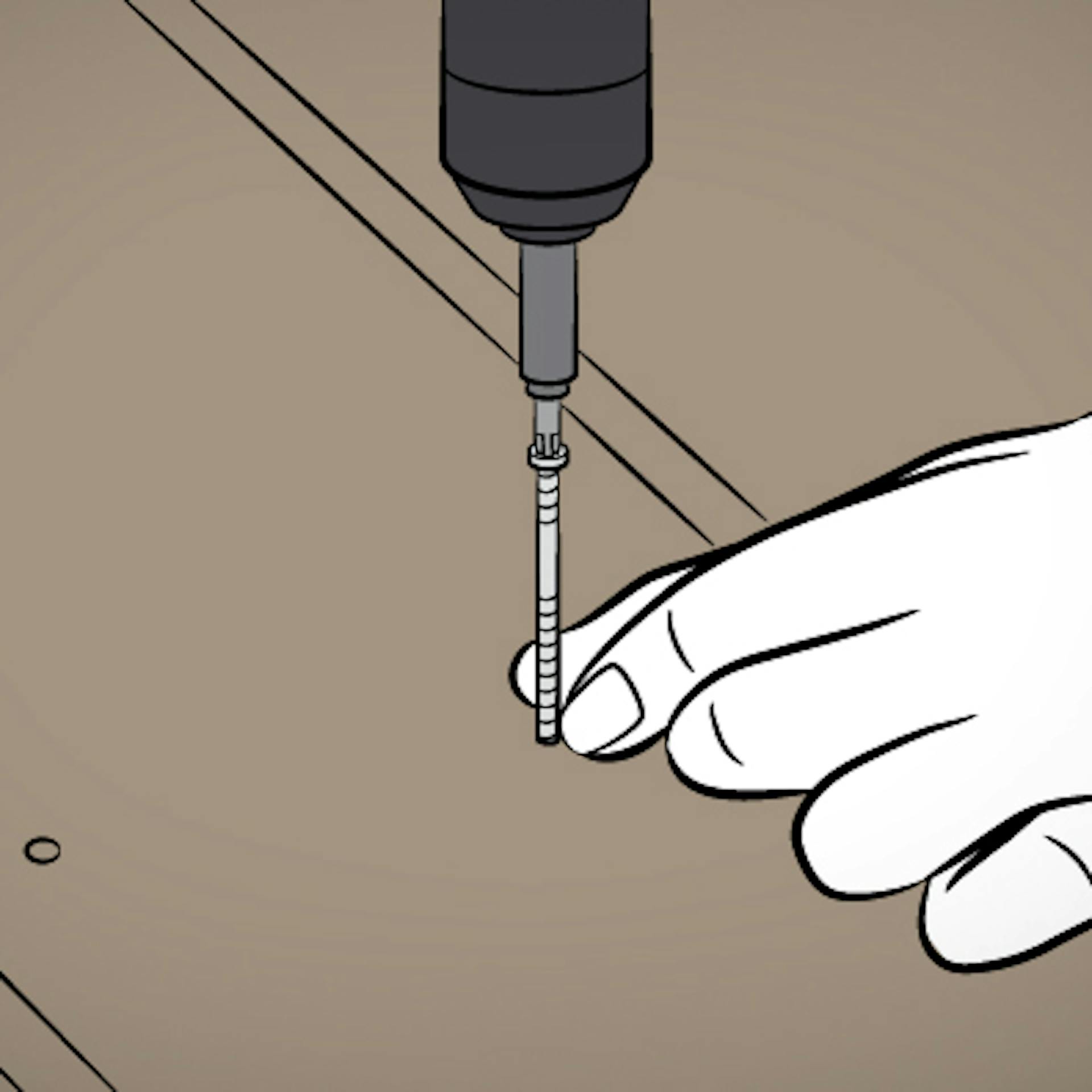 Vorgebohrtes Brett wird mit Terrassenschraube verschraubt.