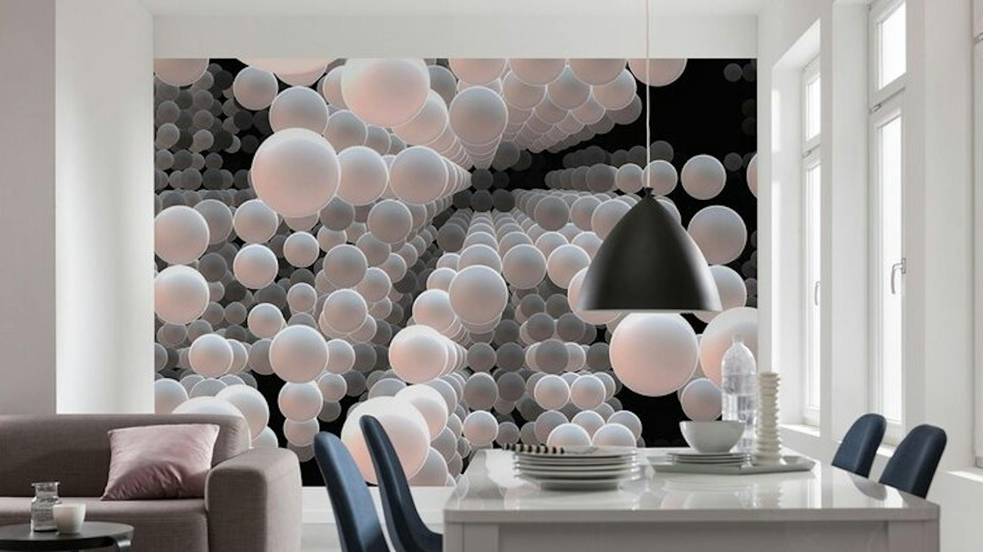 3-D-Tapete mit Tiefenwirkung und Kugelmotiv in Esszimmer