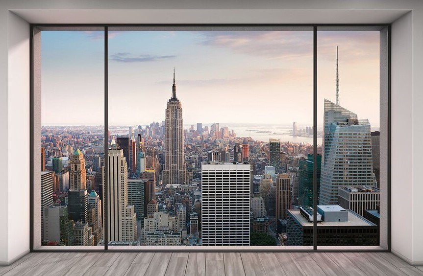 3-D-Tapete mit Fenstermotiv und Skyline von New York in Raum