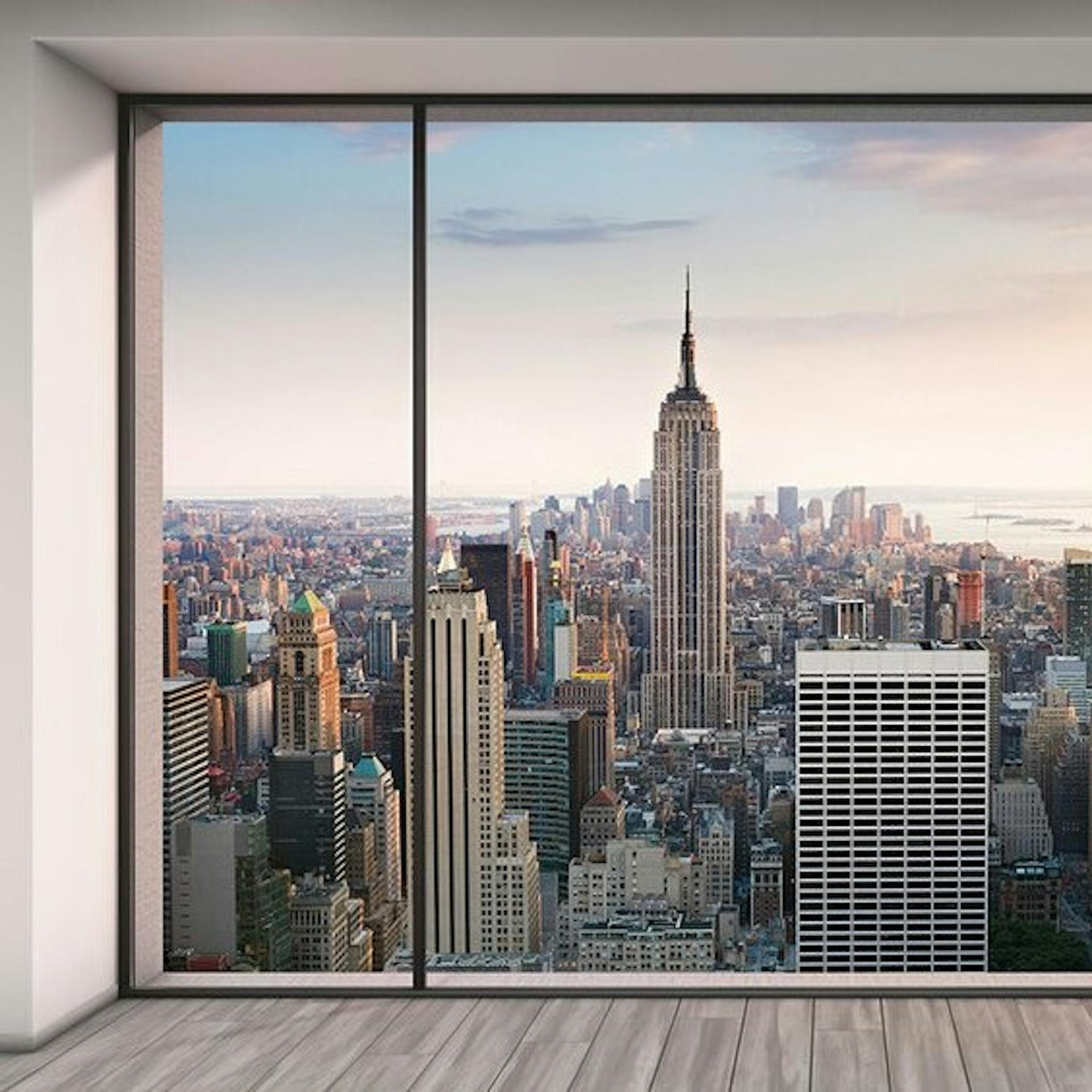 3-D-Tapete mit Fenstermotiv und Skyline von New York in Raum