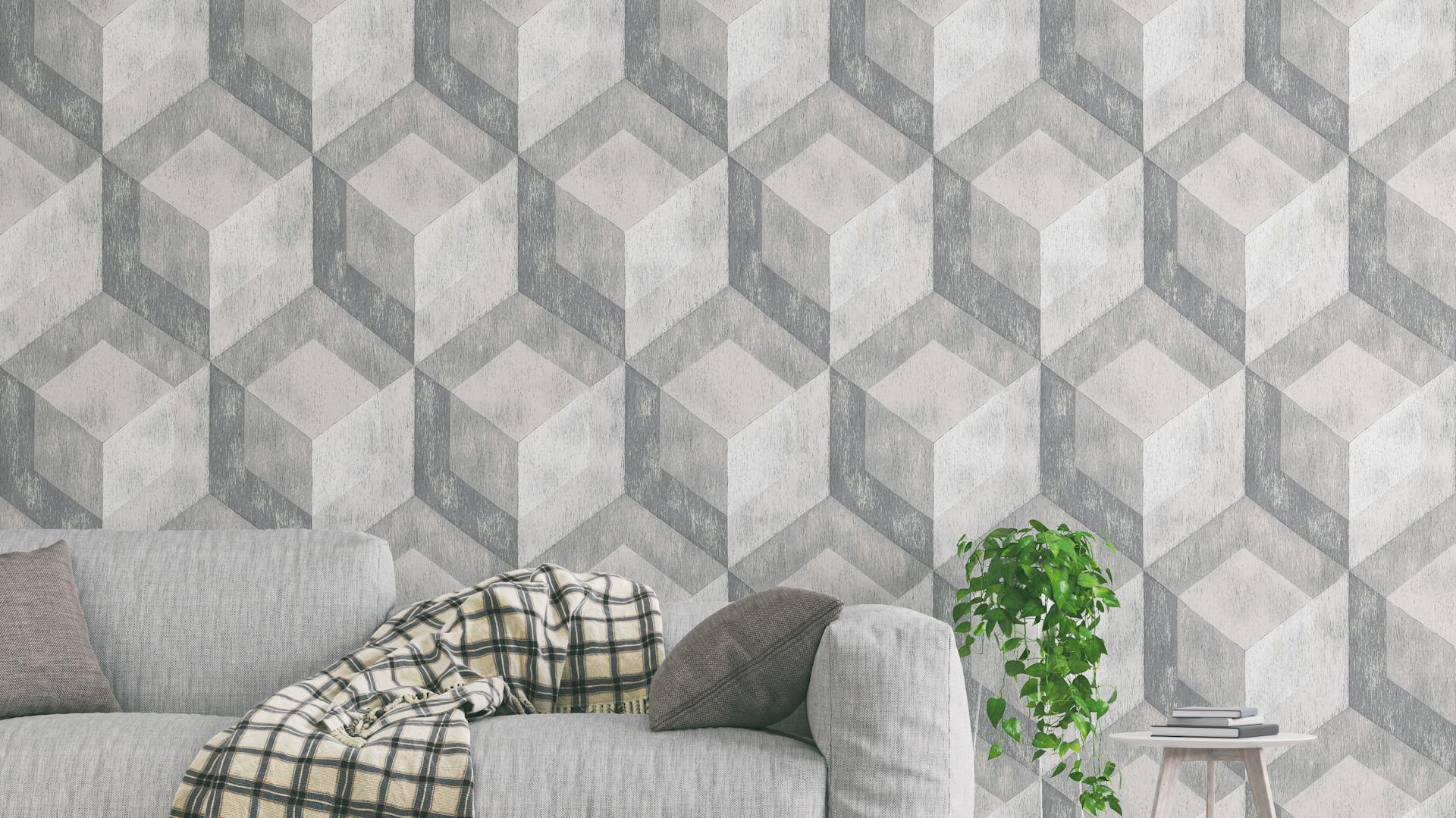 Wohnzimmer mit grauer 3-D-Tapete