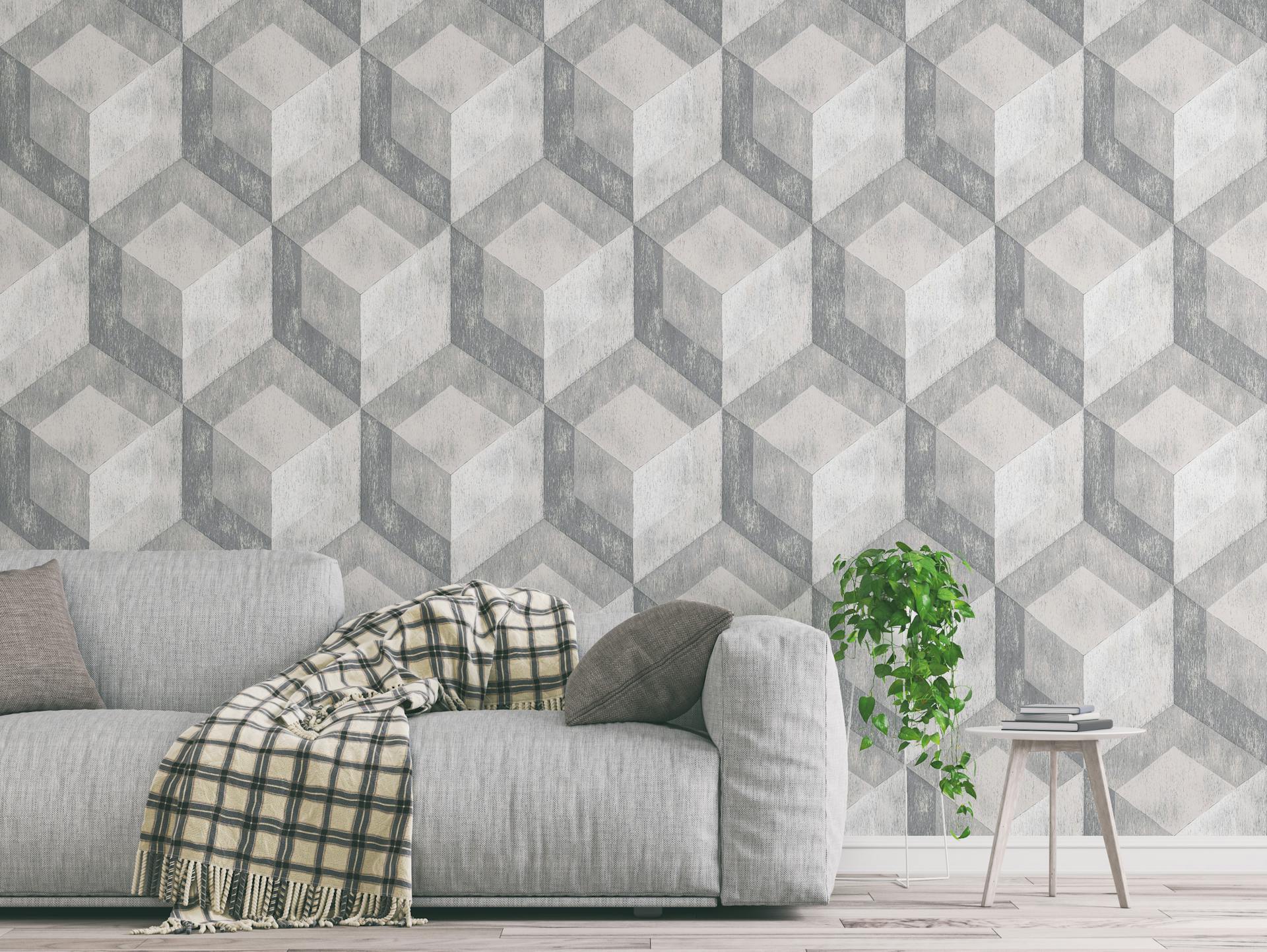 Blaue-graue Mustertapete im Schlafzimmer