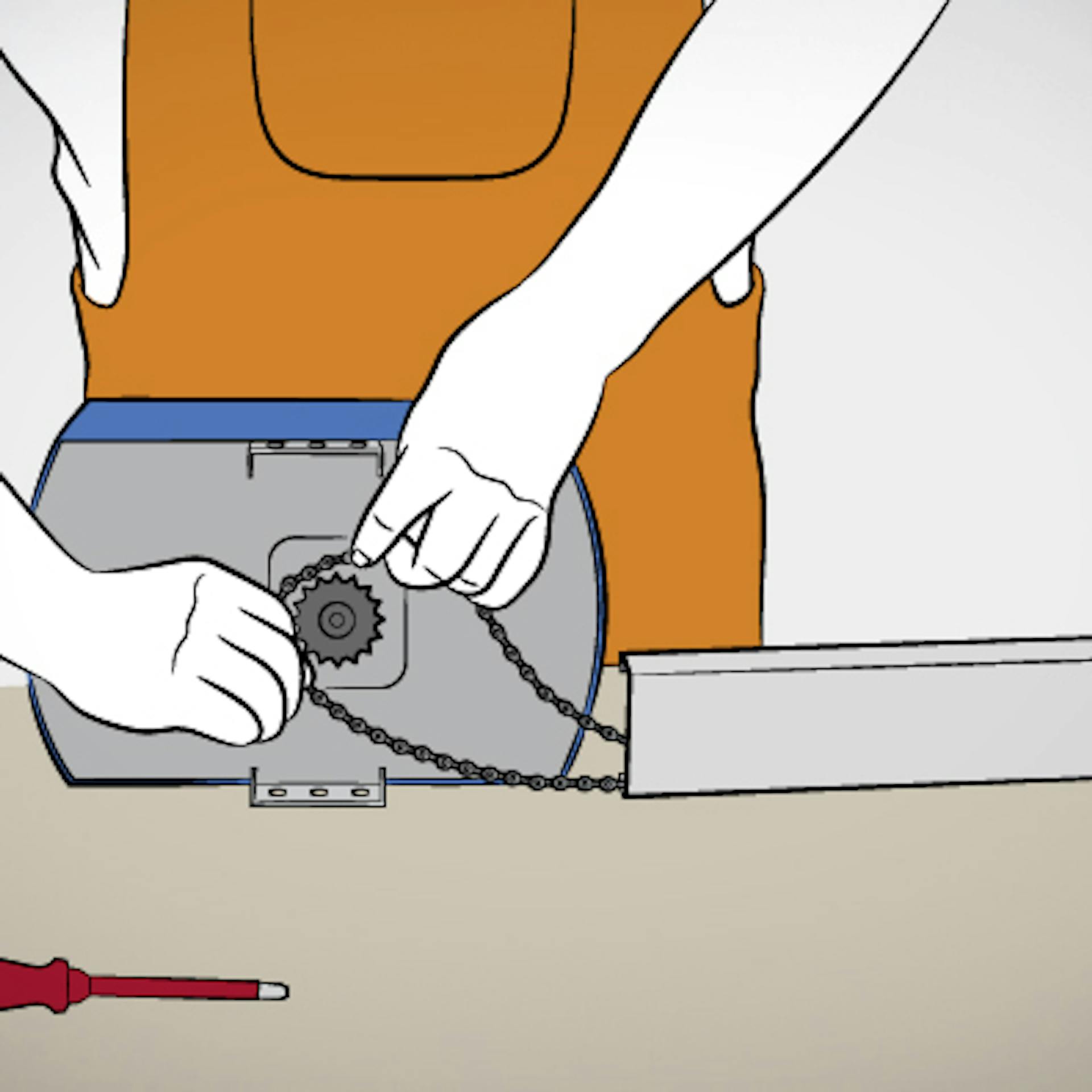 Mann verbindet Motor mit Laufmaschiene