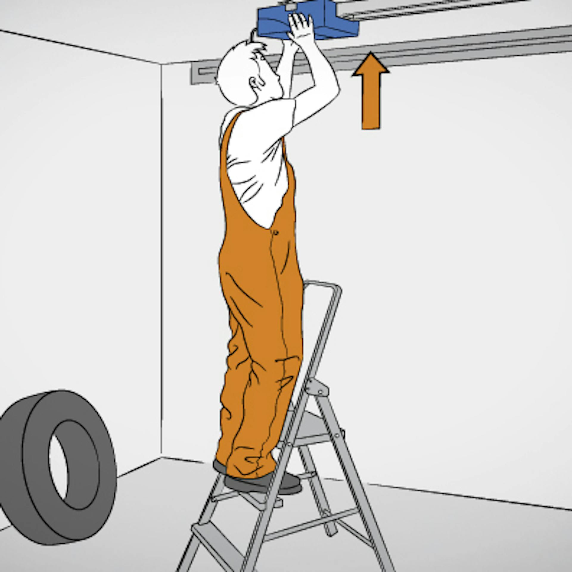 Mann fixiert und richtet Garagentormotor aus.