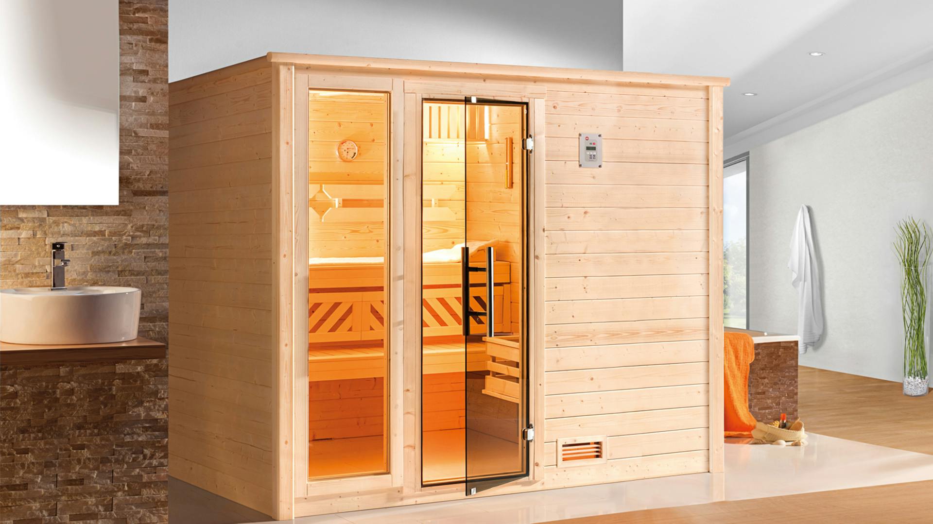 Saunakabine für Zuhause in großräumigem Bad