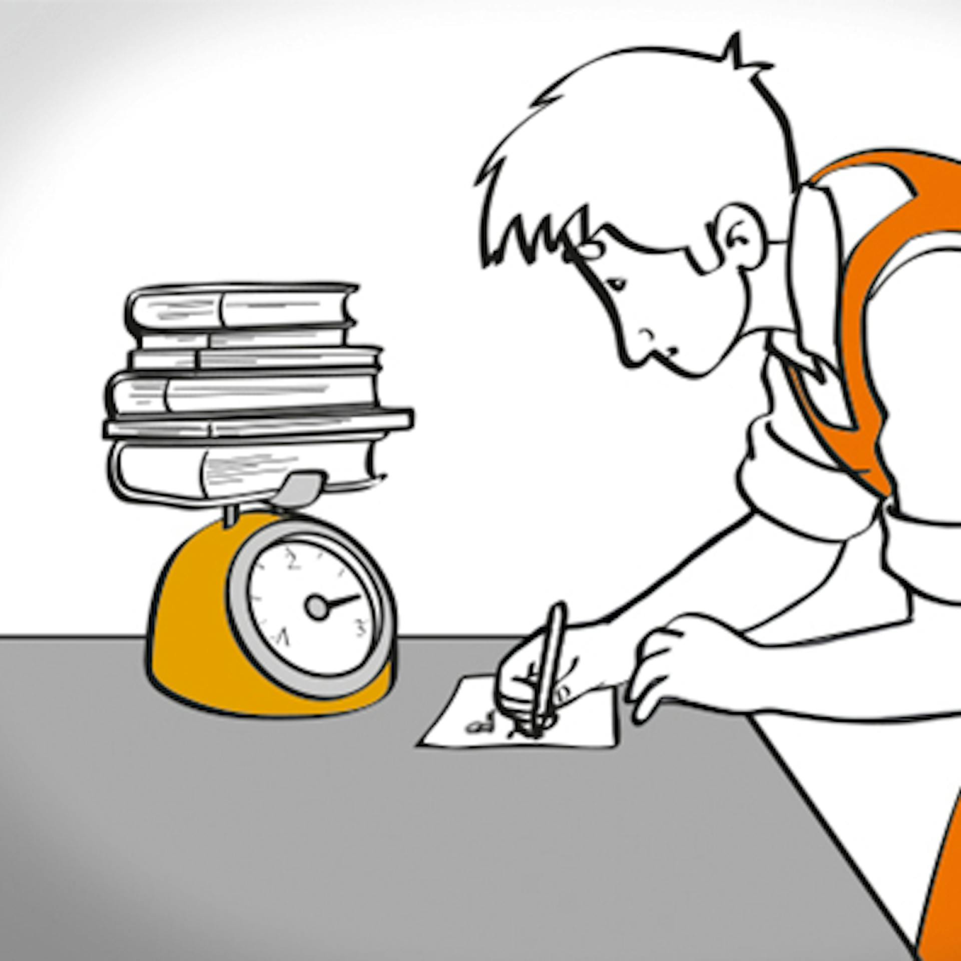 Zeichnung Heimwerker ermittelt Gewicht von Regalinhalt mit Waage