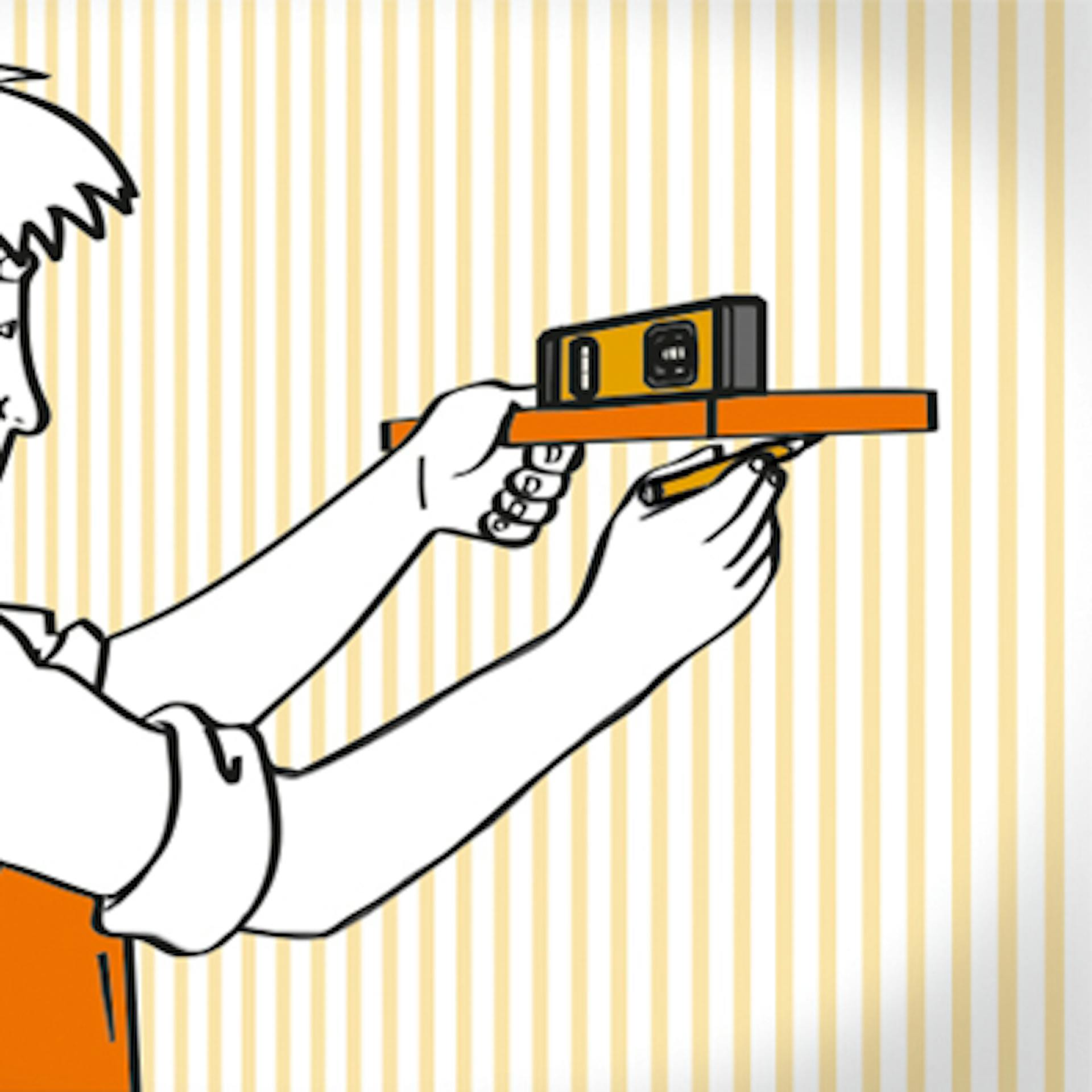 Zeichnung Heimwerker bestimmt Position des Wandregals mit Wasserwaage