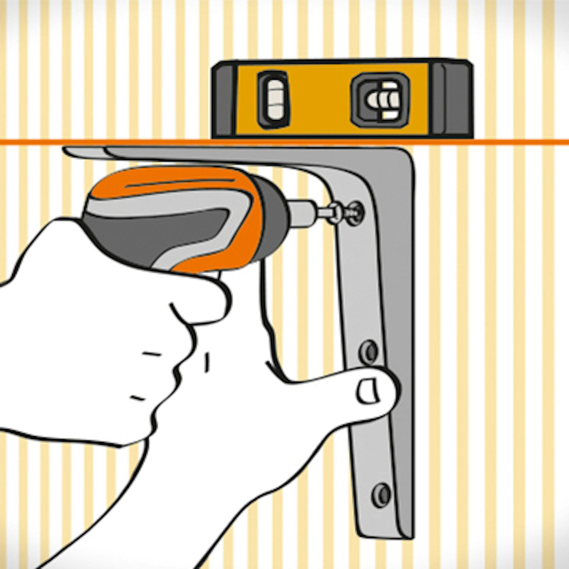 Zeichnung Heimwerker schraubt Winkel für Wandregal mit Bohrmaschine und Wasserwaage an.