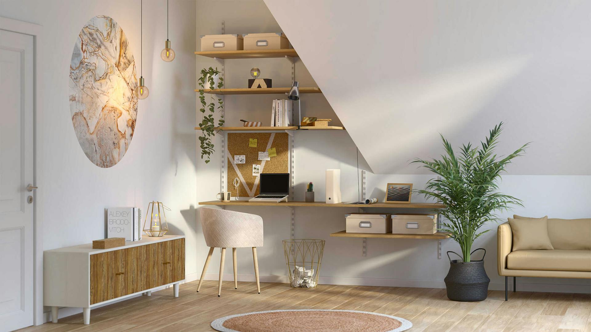 Ein Schreibtisch, der an einem Wandschienenregal hängt und genau die Lücke füllt, die die große weiße Dachschräge im Wohnzimmer schafft.