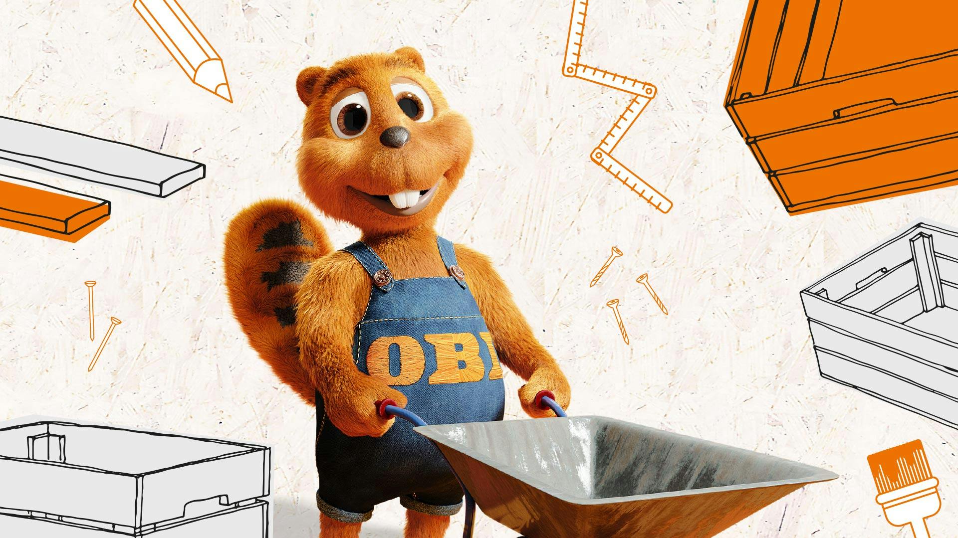 Der Biber mit Schubkarre und Boxen