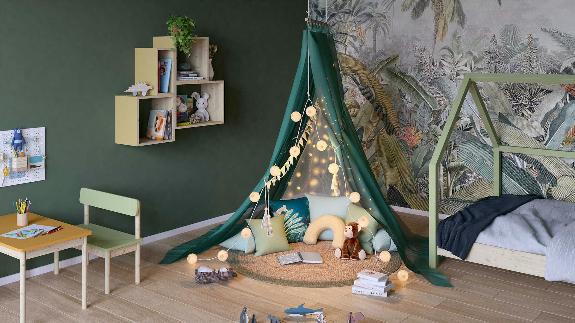 In einem Raum mit dunkelgrünen Wänden wurde vor der einzelnen Wand mit Dschungletapete ein Zelt, welches als Lesehöhle dienen soll, in der Ecke aufgezogen.