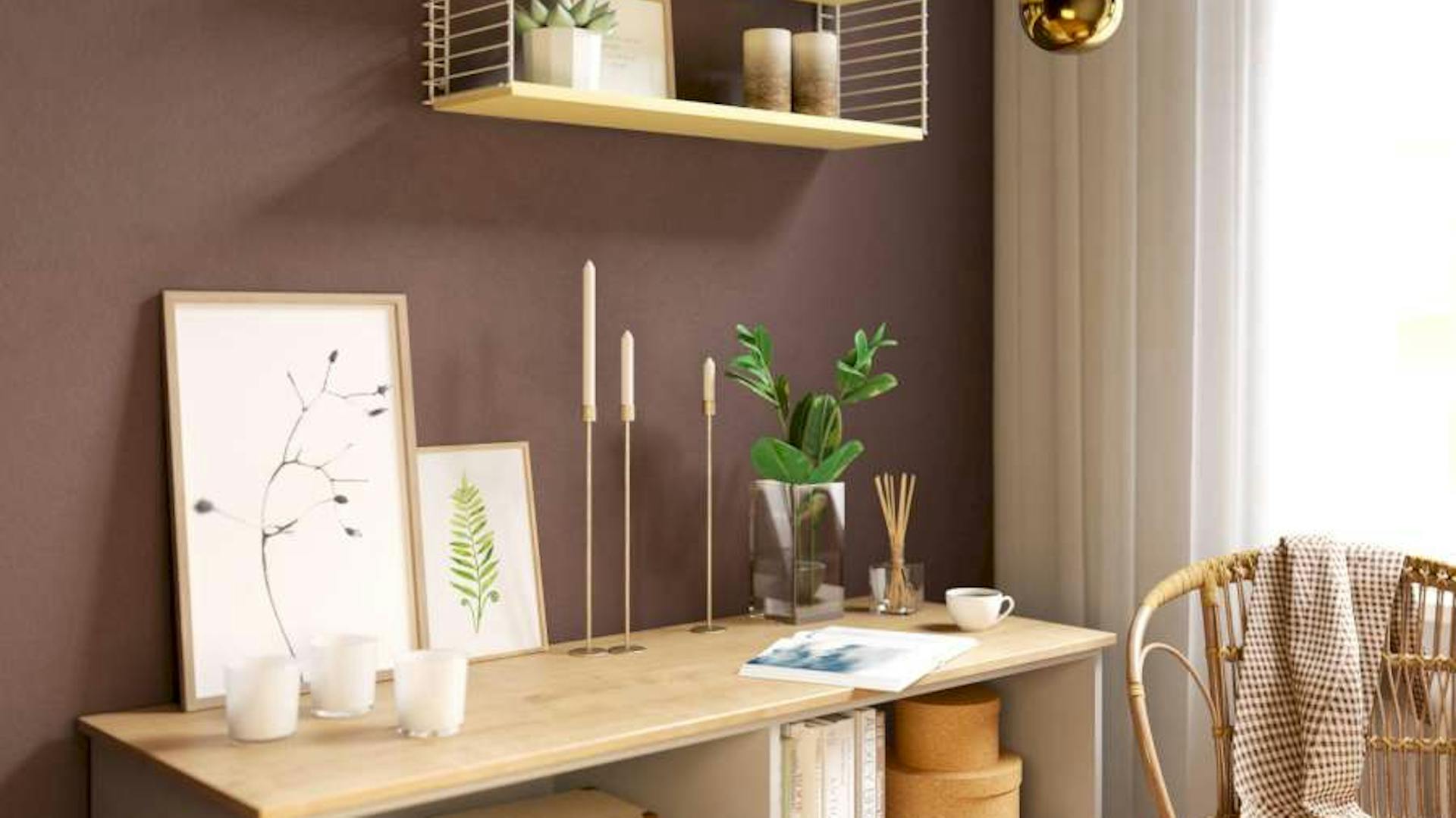 Regale, Stuhl und Dekoration vor einer dunkelbraun gestrichenen Wand