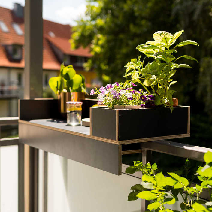 Eine Balkonbar mit Pflanzen und Getränken im Sonnenlicht