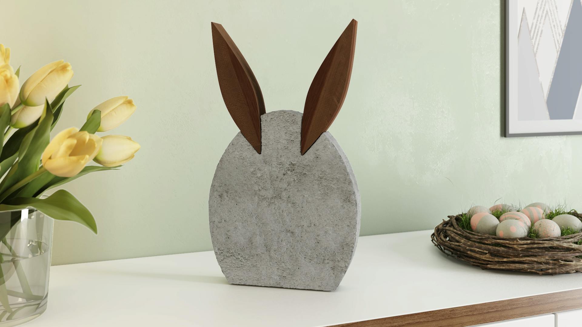 Grauer Hase aus Beton steht auf Regal