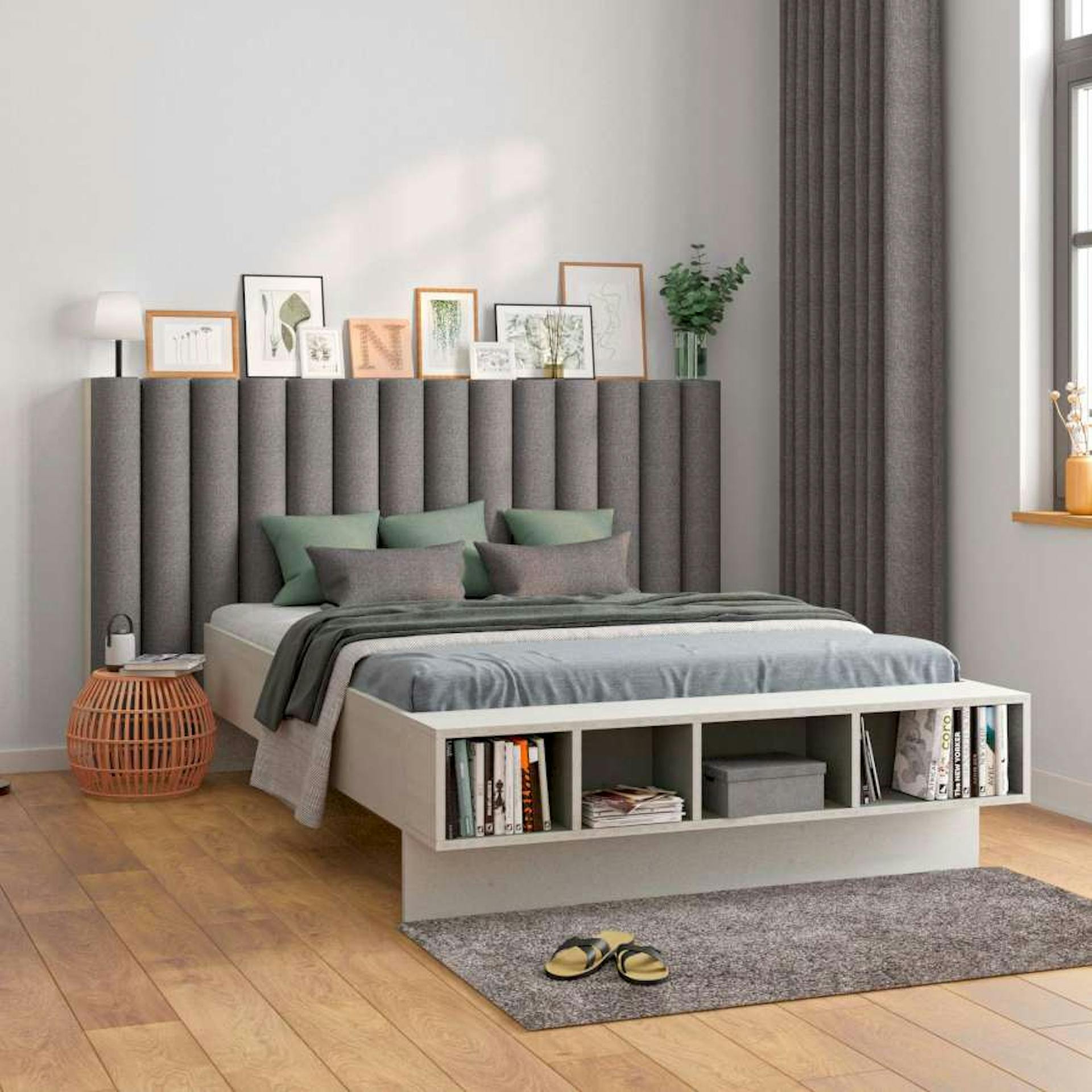 Bett Wilhelm, welches Wandkissen am Bettkopfteil hat, steht vor einer Wand die durch eine vorgehobene Farbfläche, die den Kopfteil des Bettes aufgreift, einen gesonderte Zone schafft.