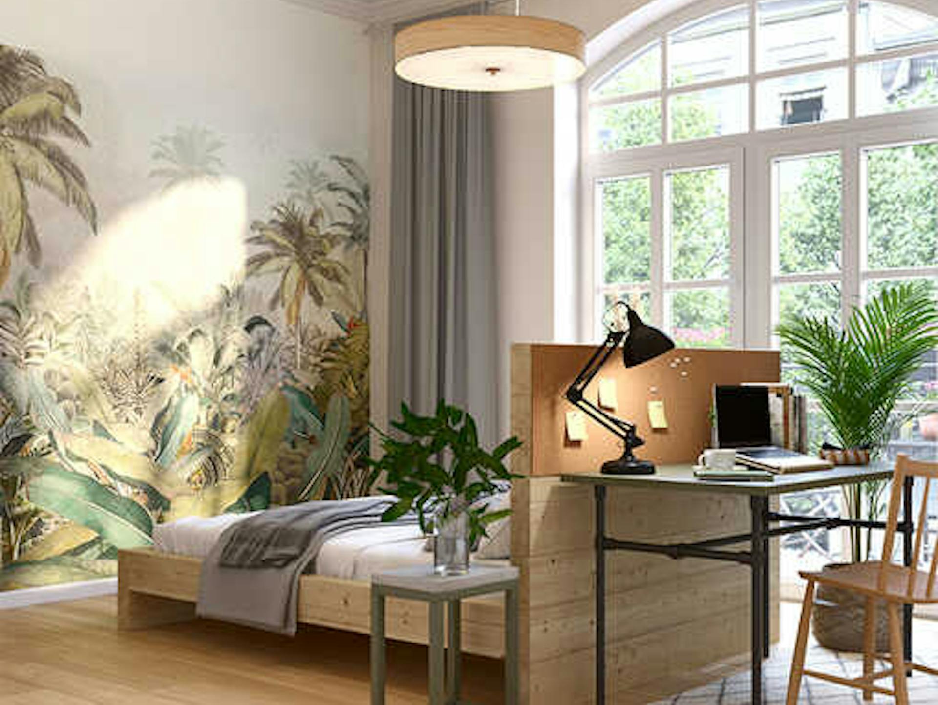 Tapete mit Blättermuster im Schlafzimmer