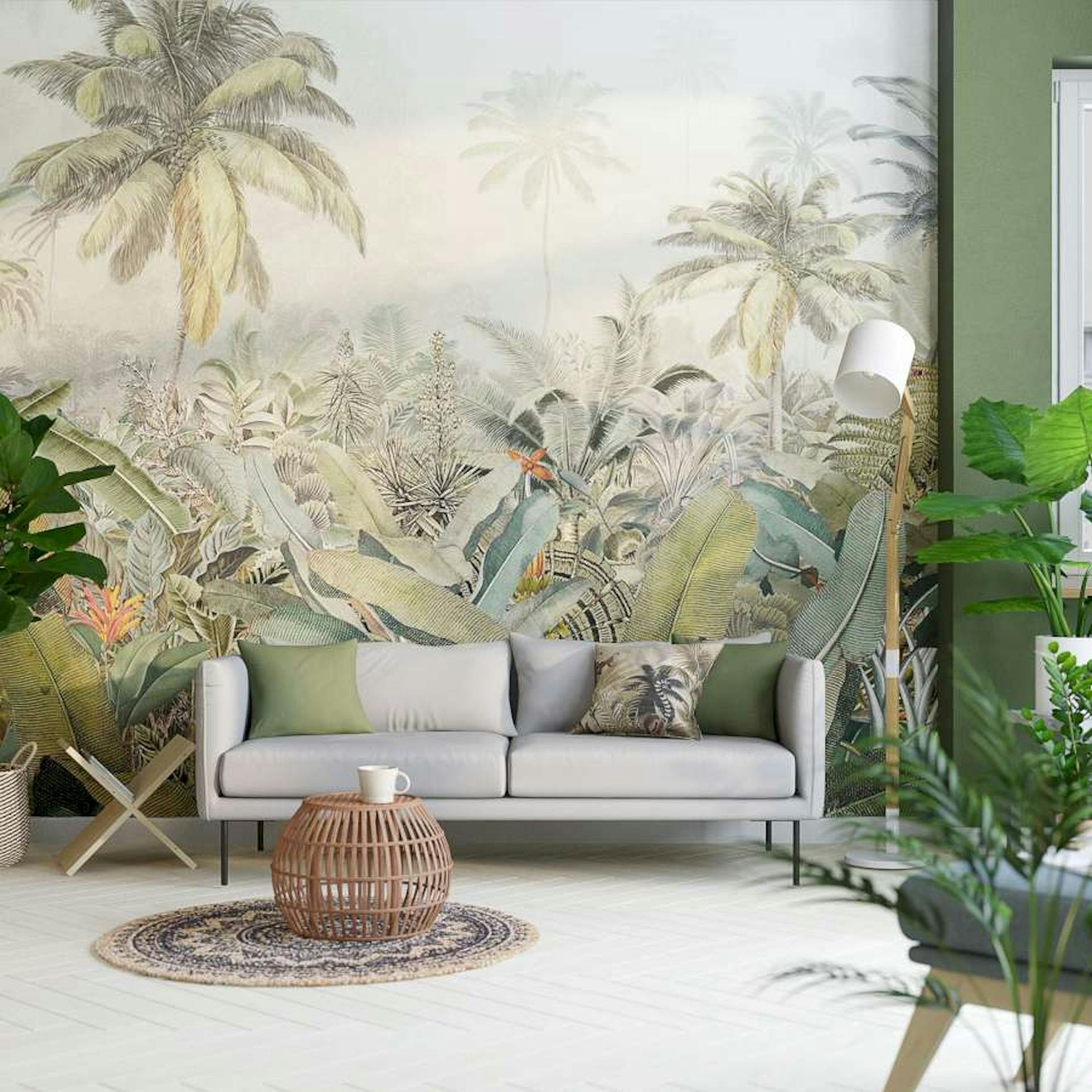 Wohnzimmer imJungle-Stil mit Dschungel-Fototapete und Zimmerpflanze