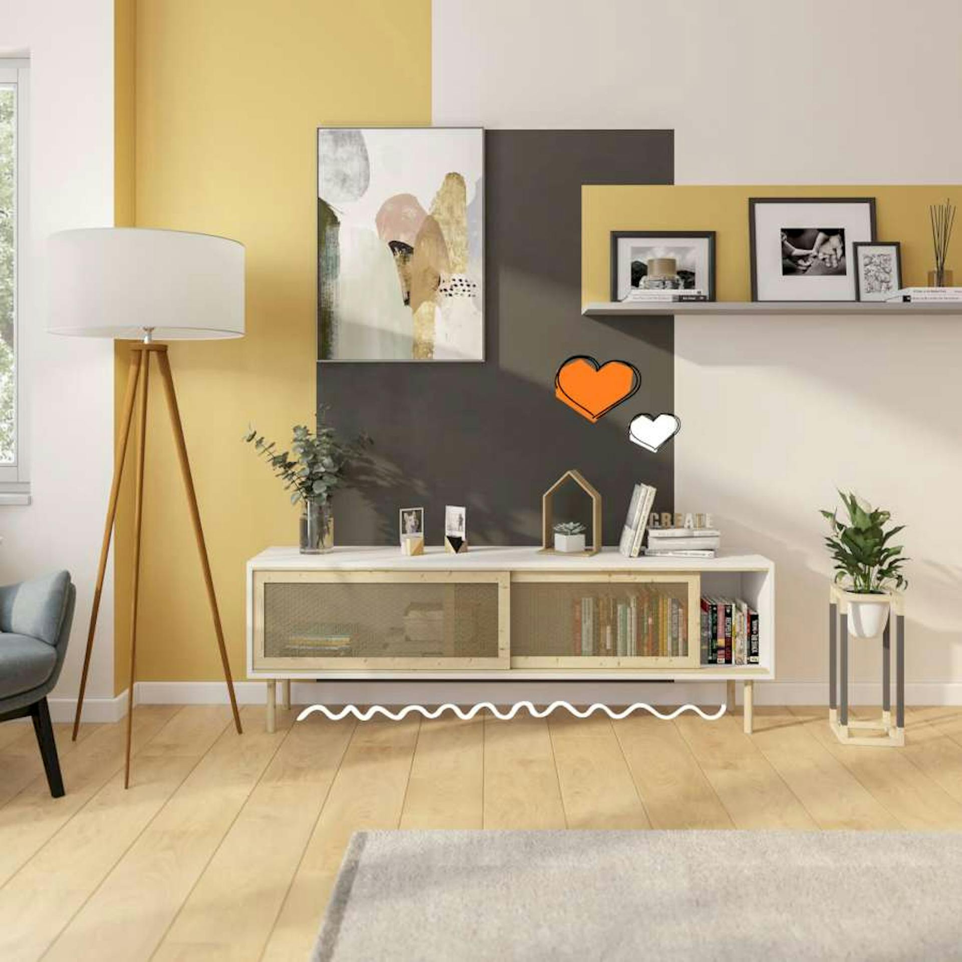 Eine weiße Wand, an der Bilder platziert sind, wurde mit gelben und grauen rechteckigen Farbflächen gestaltet. Davor steht eine Lampe, ein kleines Regal und eine Pflanze.