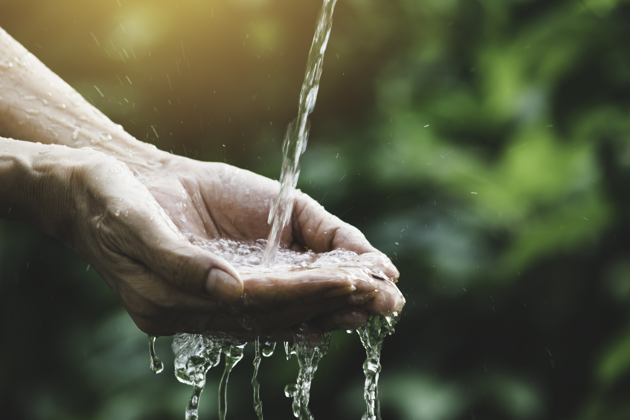 Wasser tropft auf Hände.
