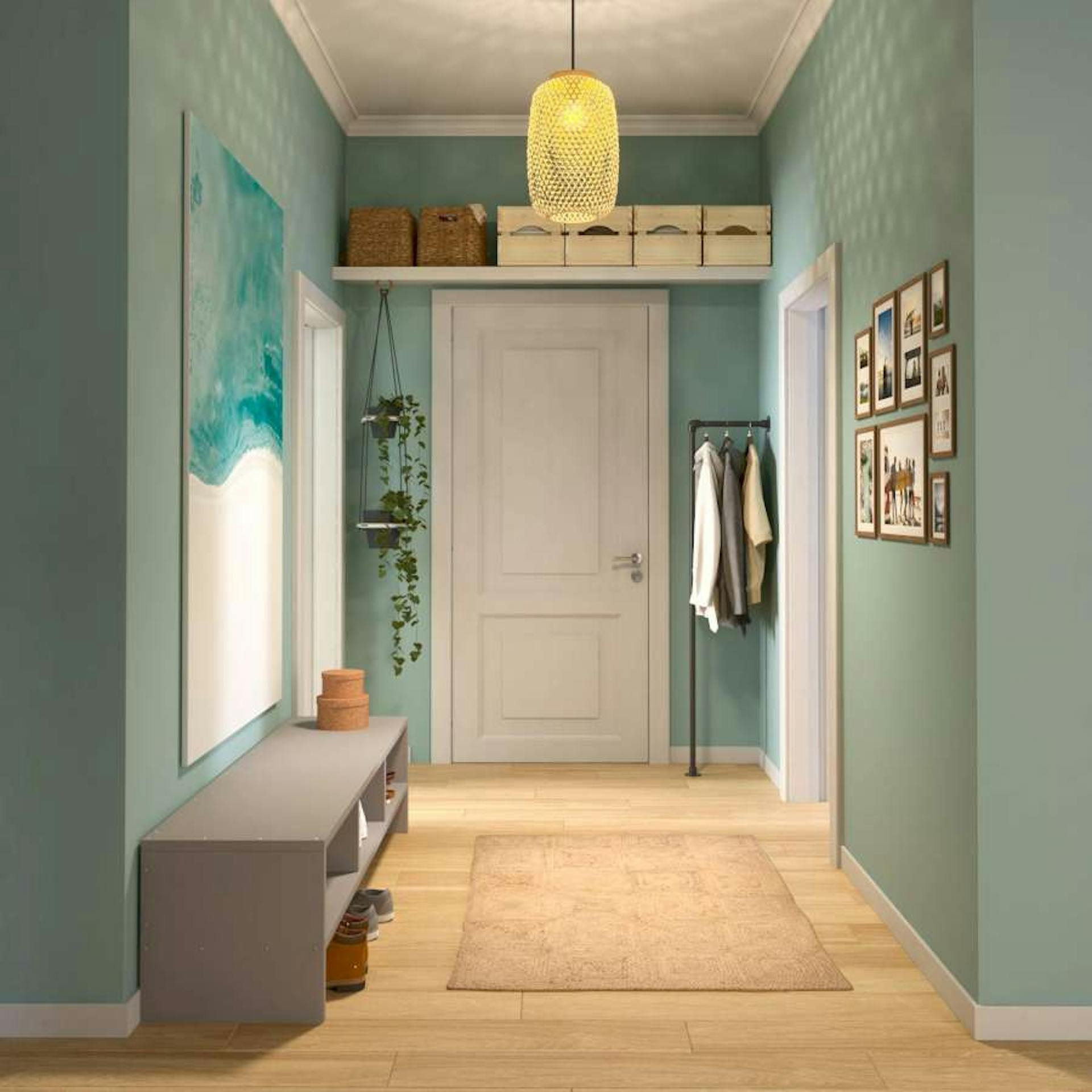 Ein Flur in graugrün, wo eine weiße Tür ganz zentral vorzufinden ist und über diese eine Ablage angebracht worden ist.