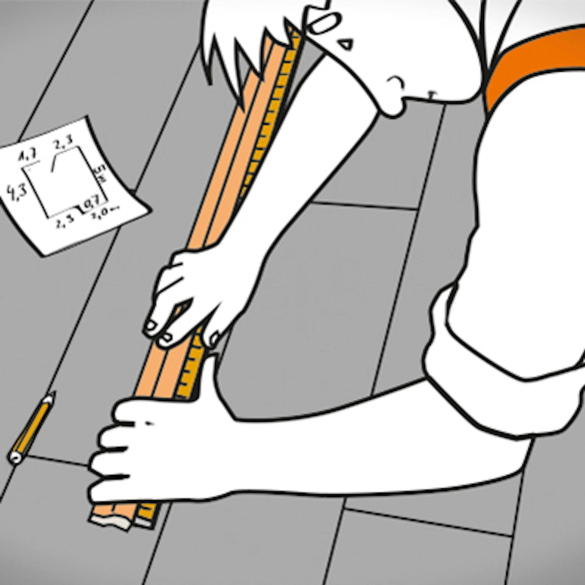 Person misst die benötigte Länge der Sockelleiste aus