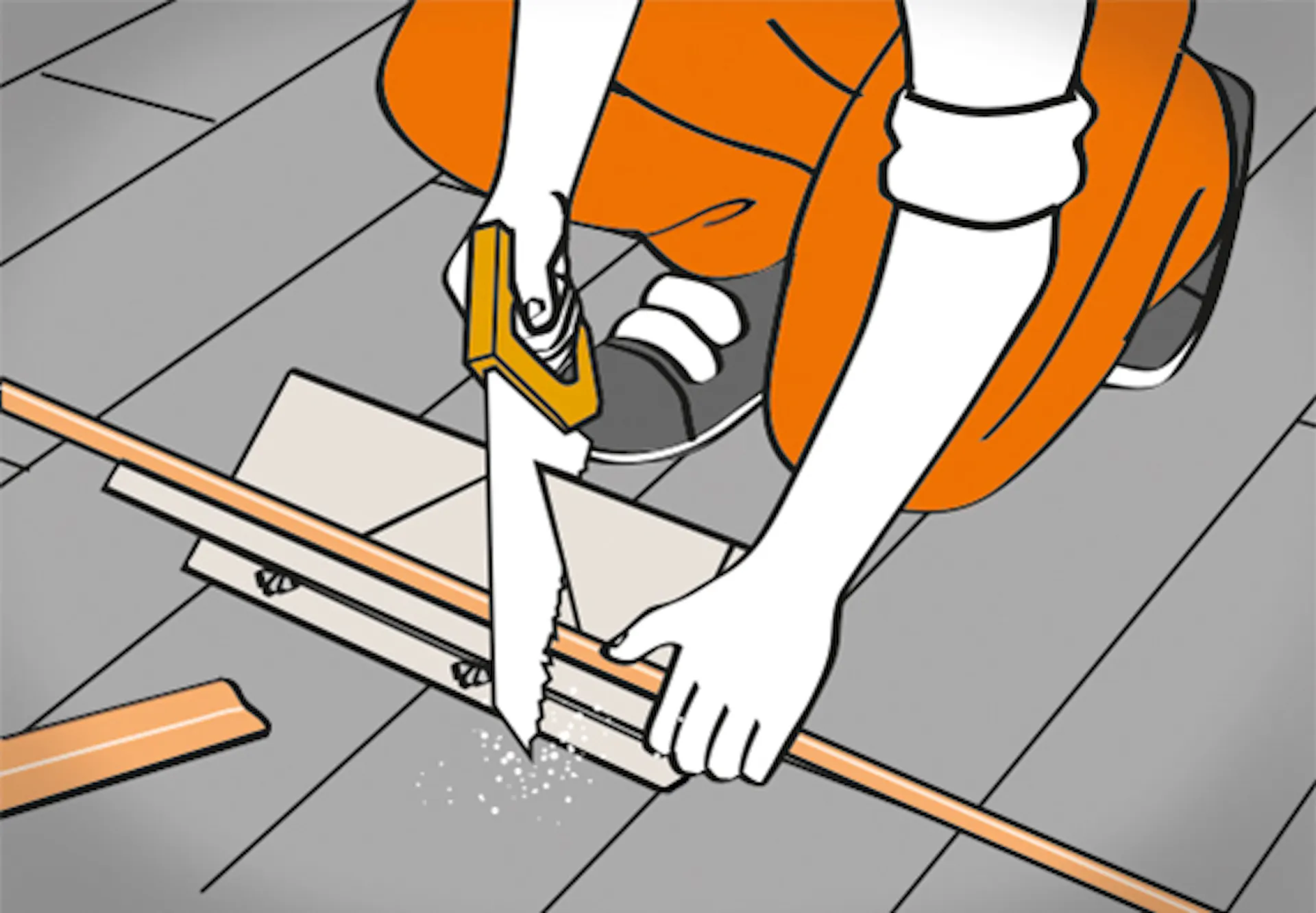 Una persona taglia un battiscopa con una sega manuale