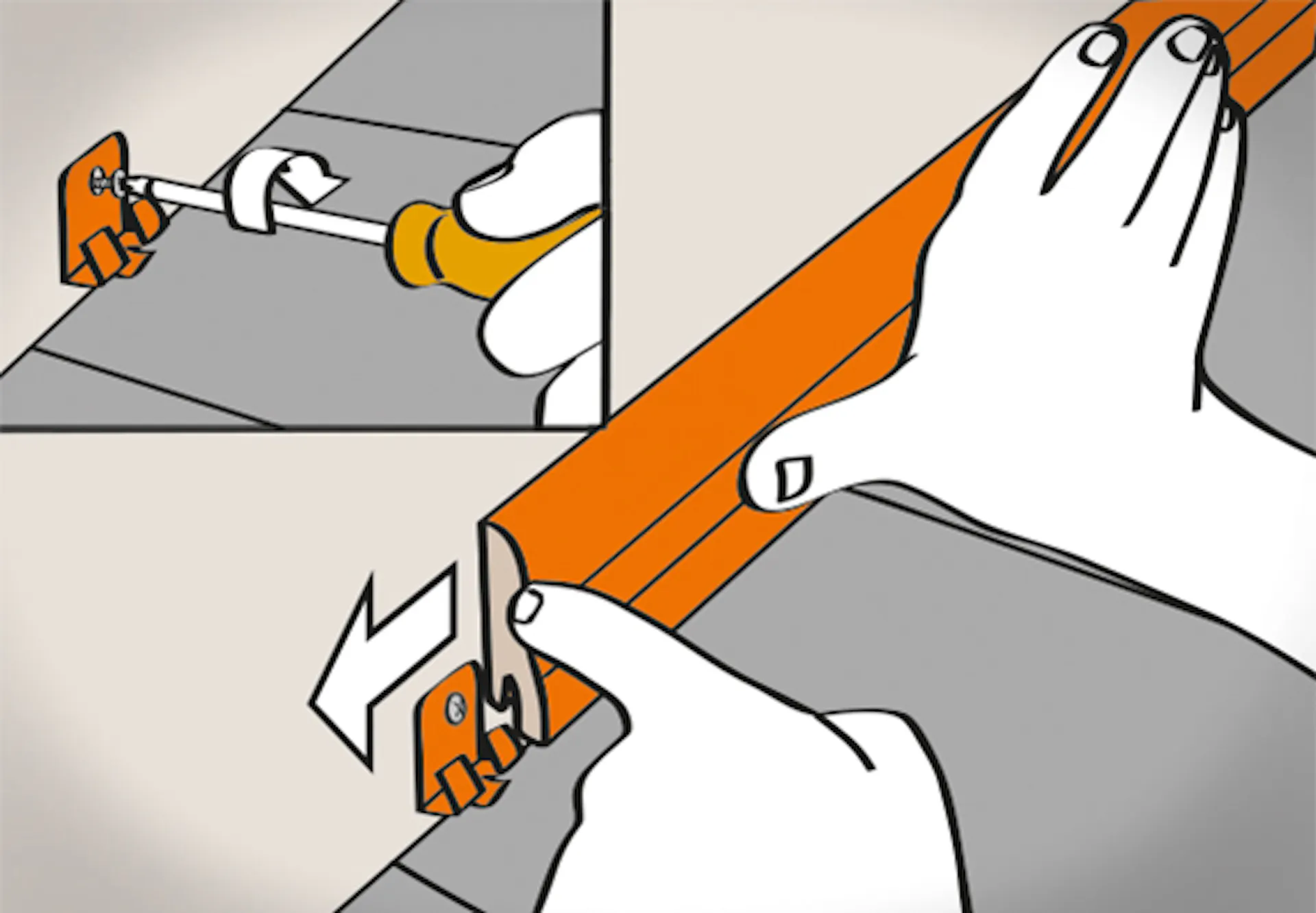 Disegno di mani che applicano i battiscopa con clip