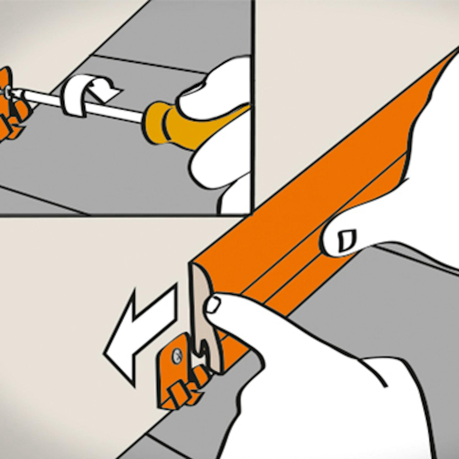 Zeichnung Hände bringen Fußleisten mit Clips an