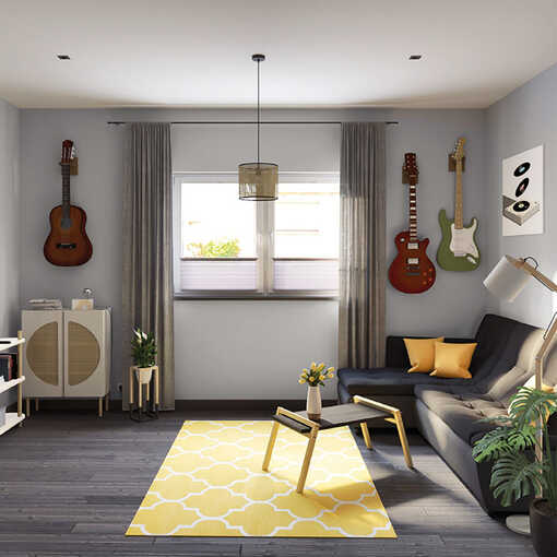 Ein Musikzimmer in hellen gräulichen Farben, mit Gitarren an der Wand, einem gelben Teppich und modernen Sitzmöbeln.