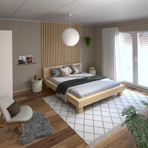 Ein Gästezimmer im Japandi Stil und hellen Farben. 