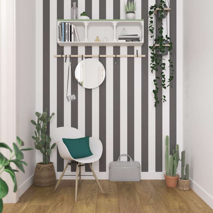 An einer schwarz-weiß gestreiften Wand wurde ein Regal, eine Blumenampel und eine Garderobenleiste mit Spiegel angebracht. Davor stehen ein Stuhl und weitere Pflanzen.