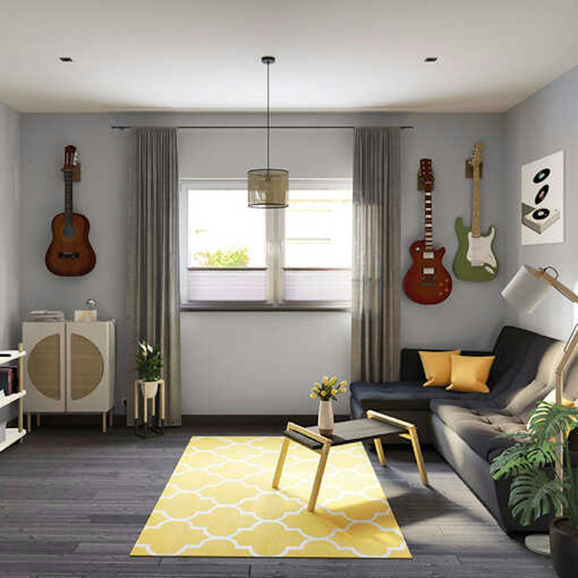 Ein helles Musikzimmer mit Couch, Fernseher und Regalen. An den Wänden hängen verschiedene Gitarren.