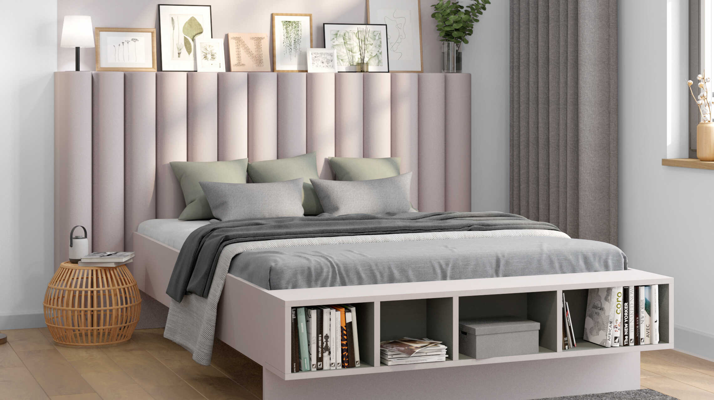 Bett Wilhelm, welches Wandkissen am Bettkopfteil hat, steht vor einer Wand die durch eine vorgehobene Farbfläche, die den Kopfteil des Bettes aufgreift, einen gesonderte Zone schafft.