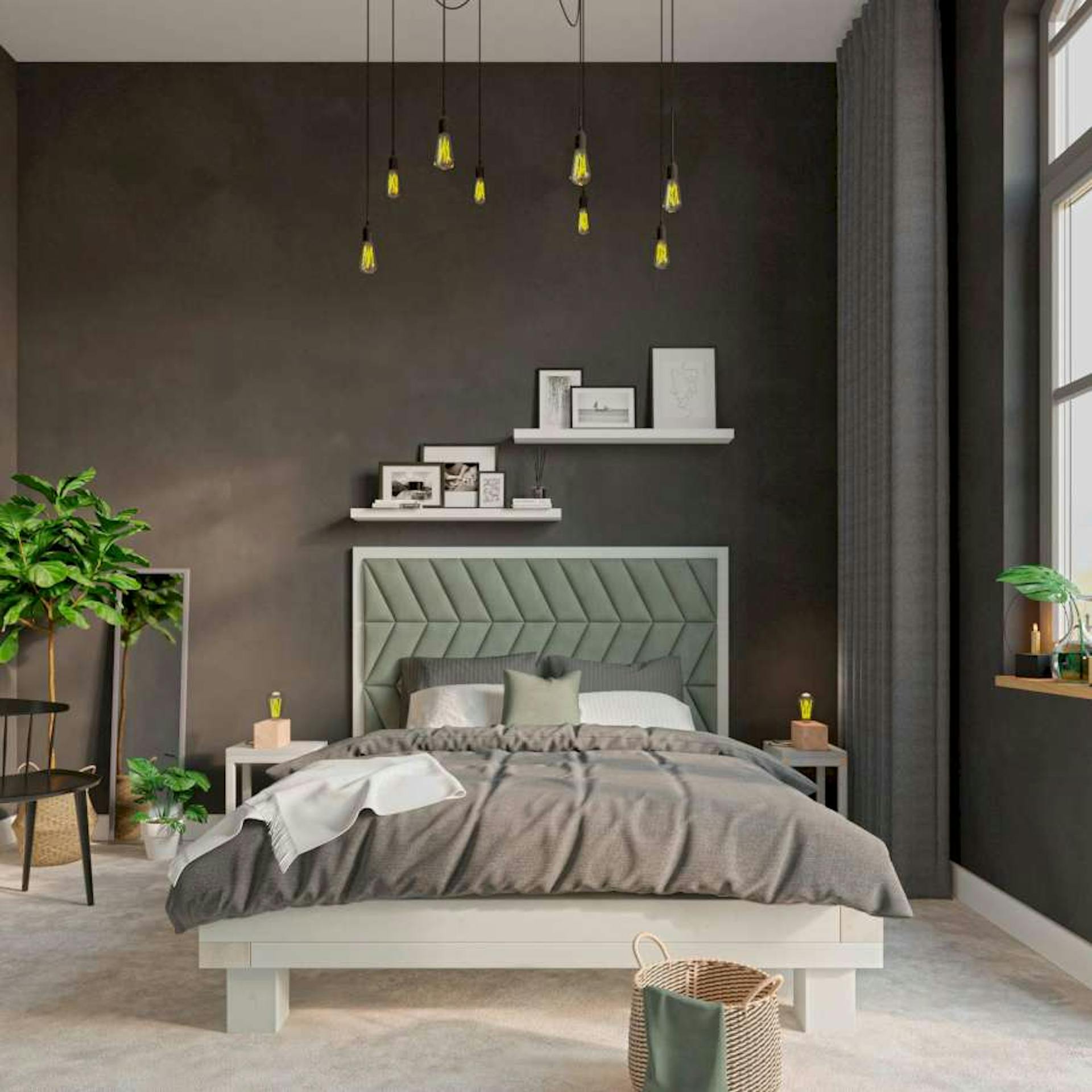 Ein Schlafzimmer in dunklen Farben und verschiedenen Textilelementen an der Wand.