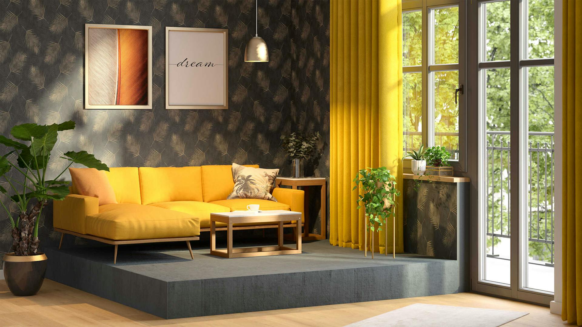 Ein gelbes Sofa, welches auf einem grauen Podest platziert ist und vor einer dunklen Tapete  mit Blattmotiv  steht.