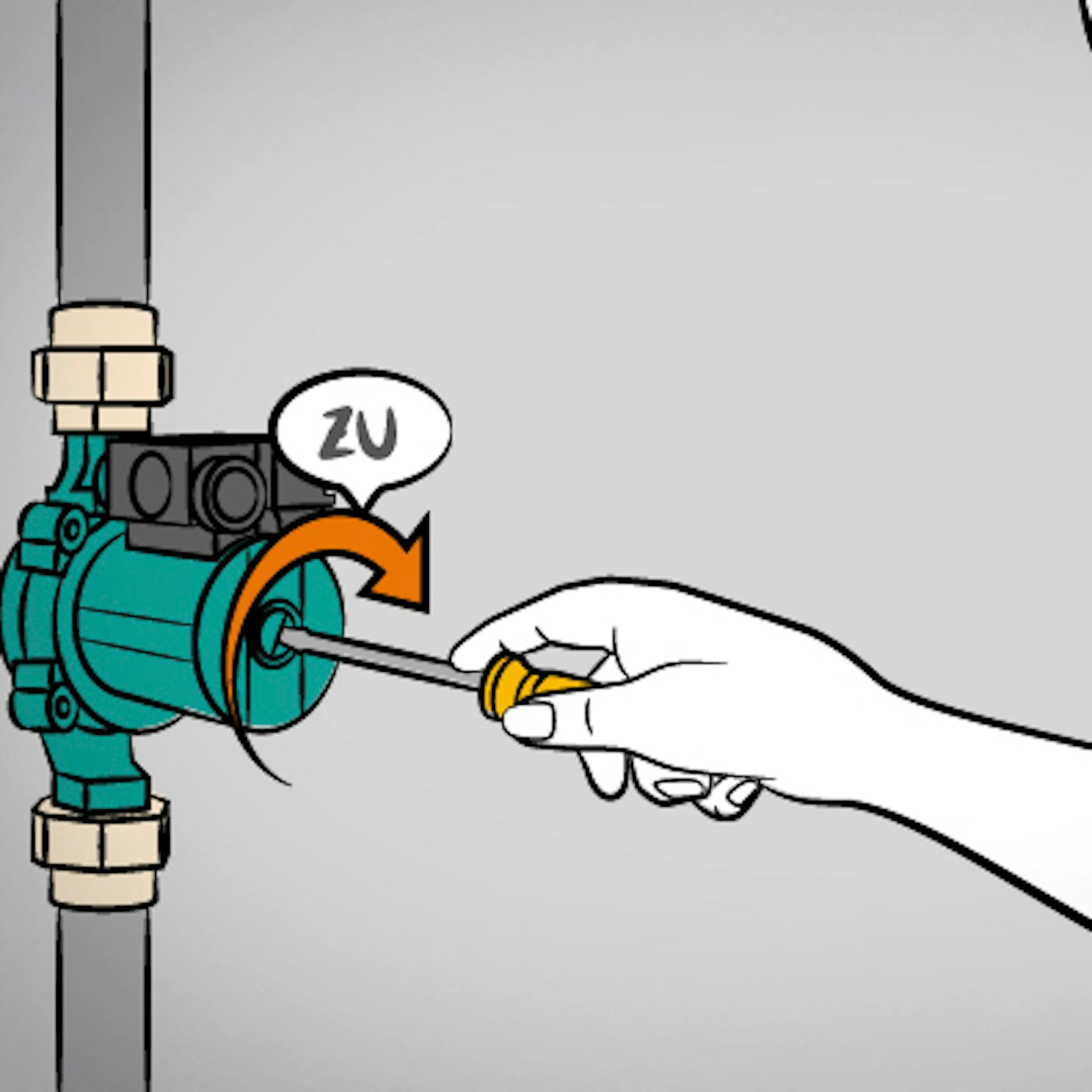 Egy barkácsoló hölgy a fűtőberendezés keringtető szivattyúját kikapcsolja egy csavarhúzóval.