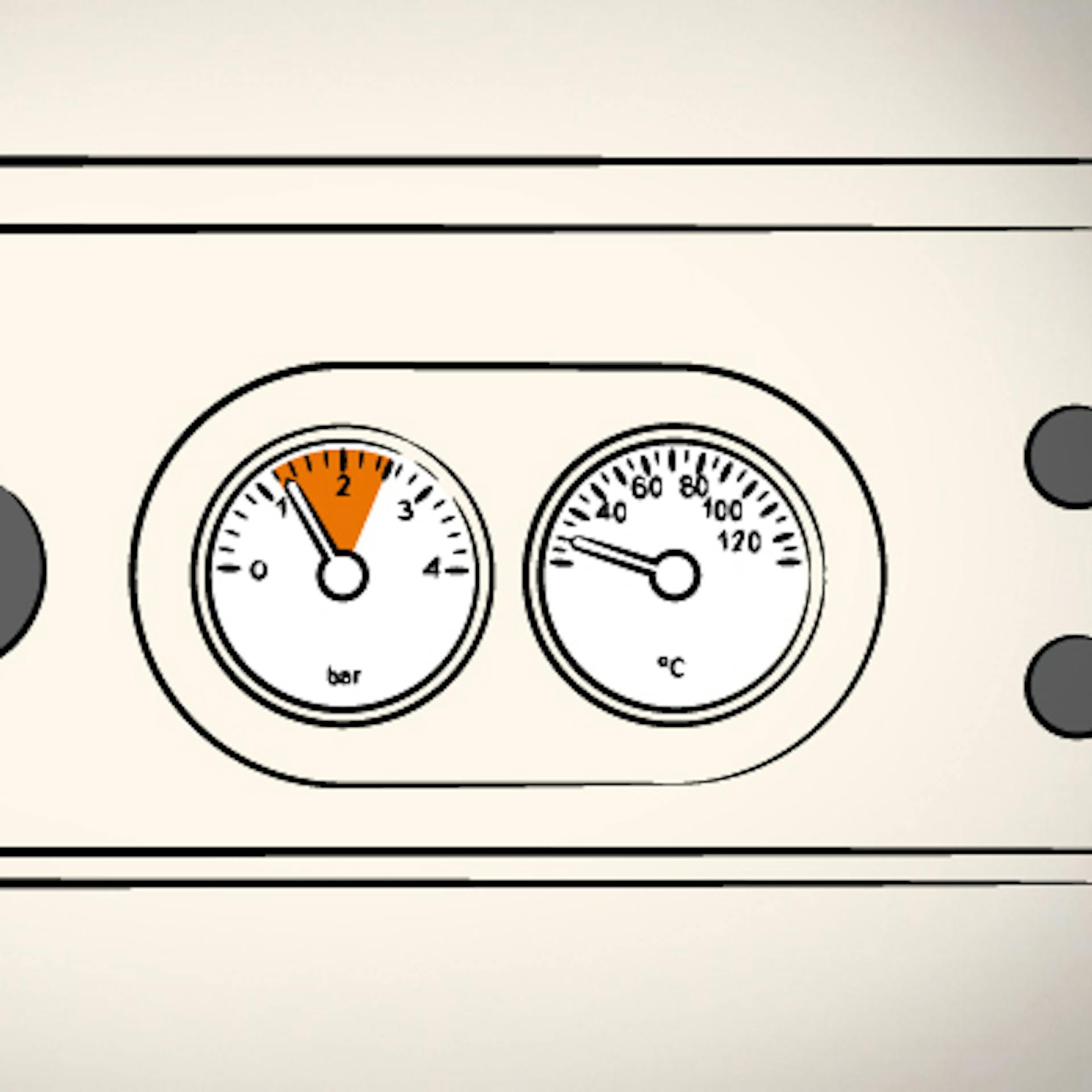 Nyomásmérő rajza a fűtőberendezésen az ideális víznyomás-tartomány és a jelzőtű ábrázolásával