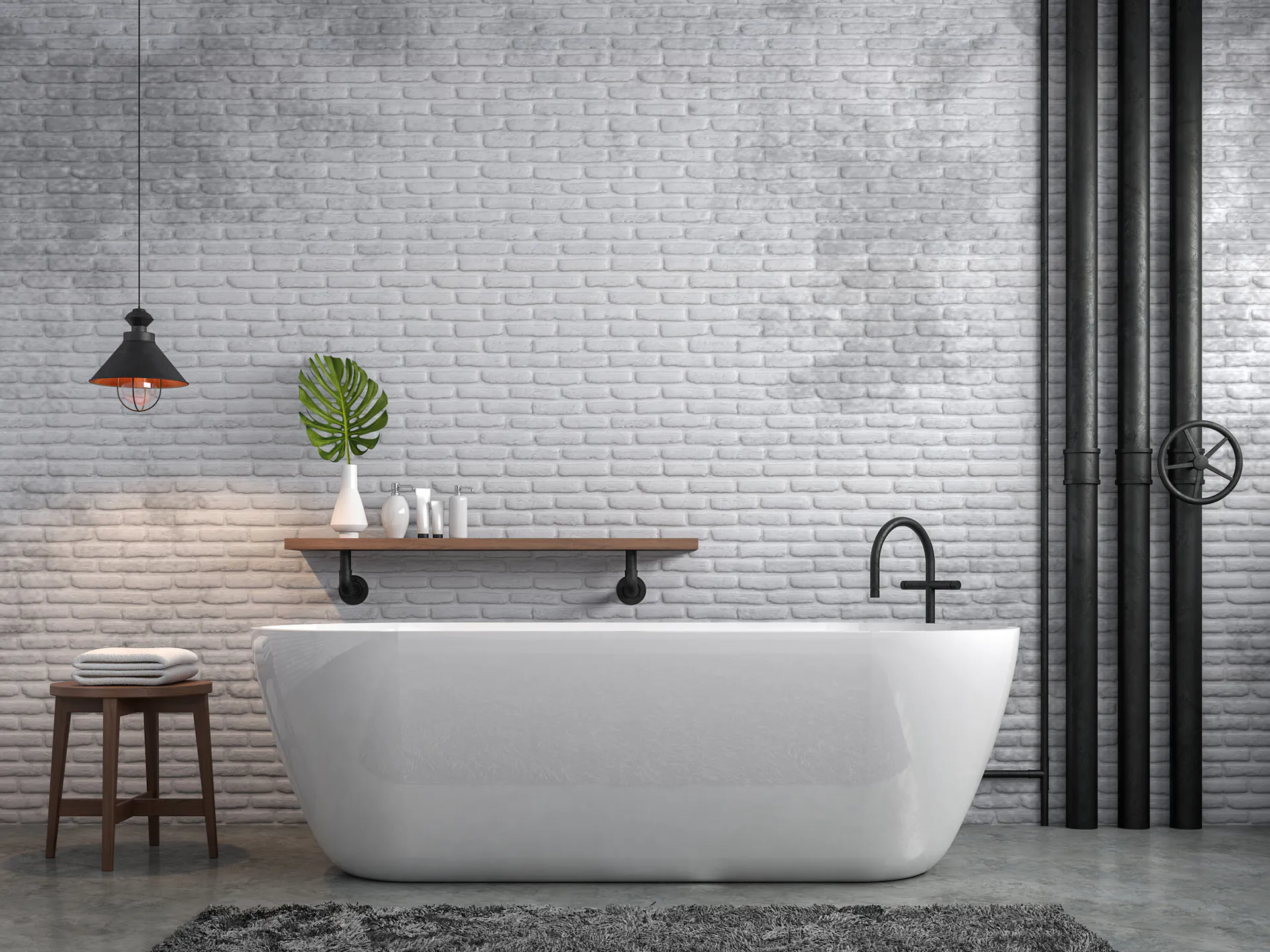 Badewanne mit aussenliegenden Heizungsrohren im modernen Bad
