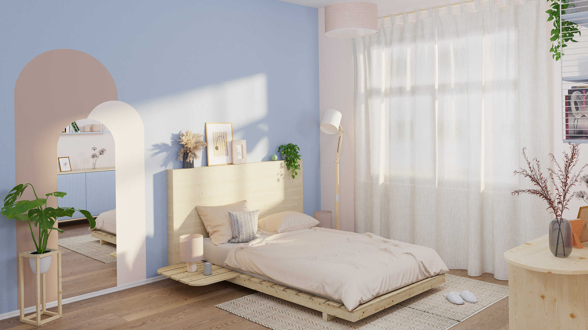 Bett Ferdinand in einem hellen Schlafzimmer in bläulichen Tönen mit verschiedenen Pflanzen und Dekorationen.