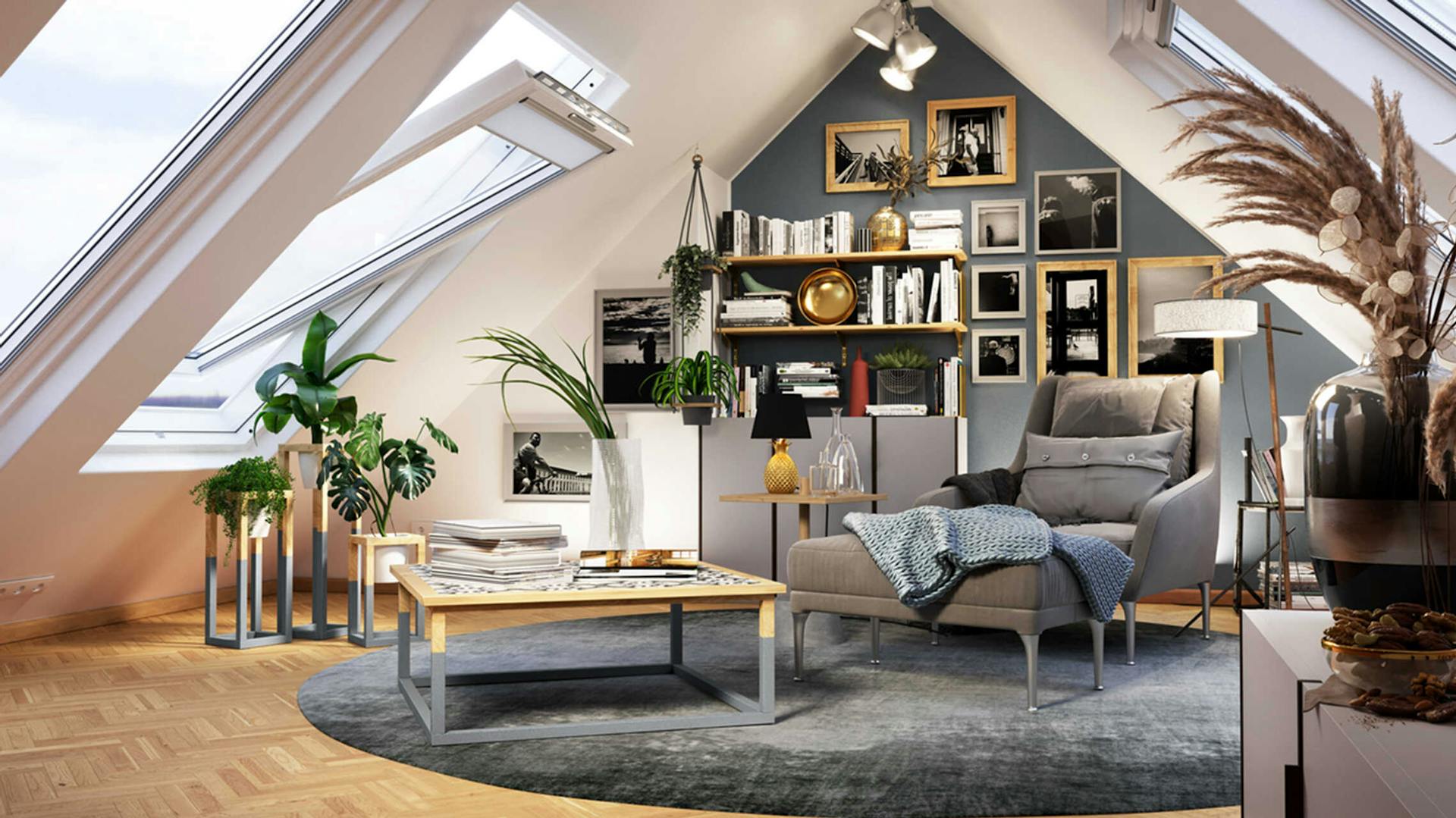 Ein heller Dachboden mit Dachschrägen auf beiden Seite, wo mittig im Raum ein großer runder Teppich liegt auf dem ein Sessel und ein Couchtisch darauf stehen.