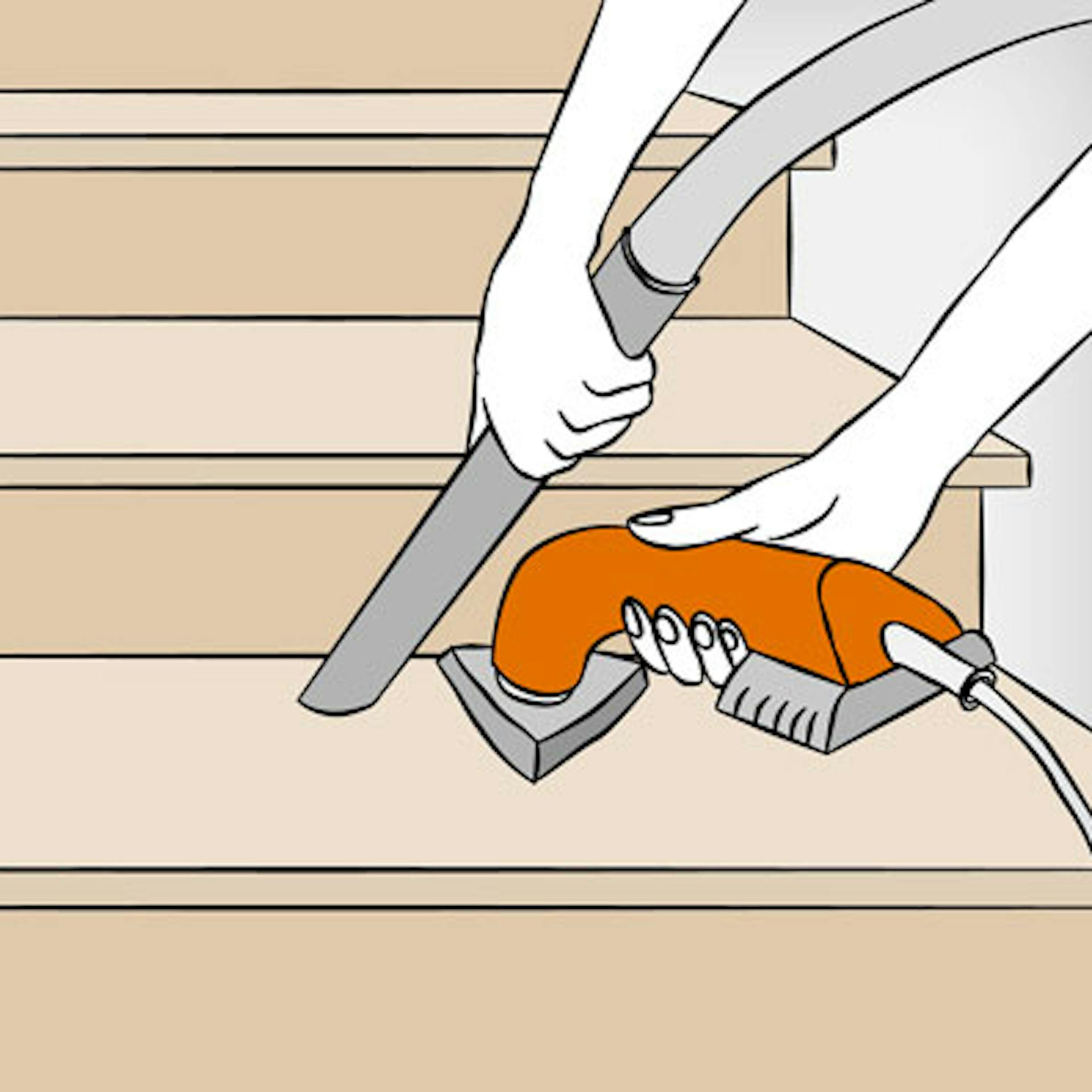 Ruky s delta brúskou a vysávačom na drevených schodoch