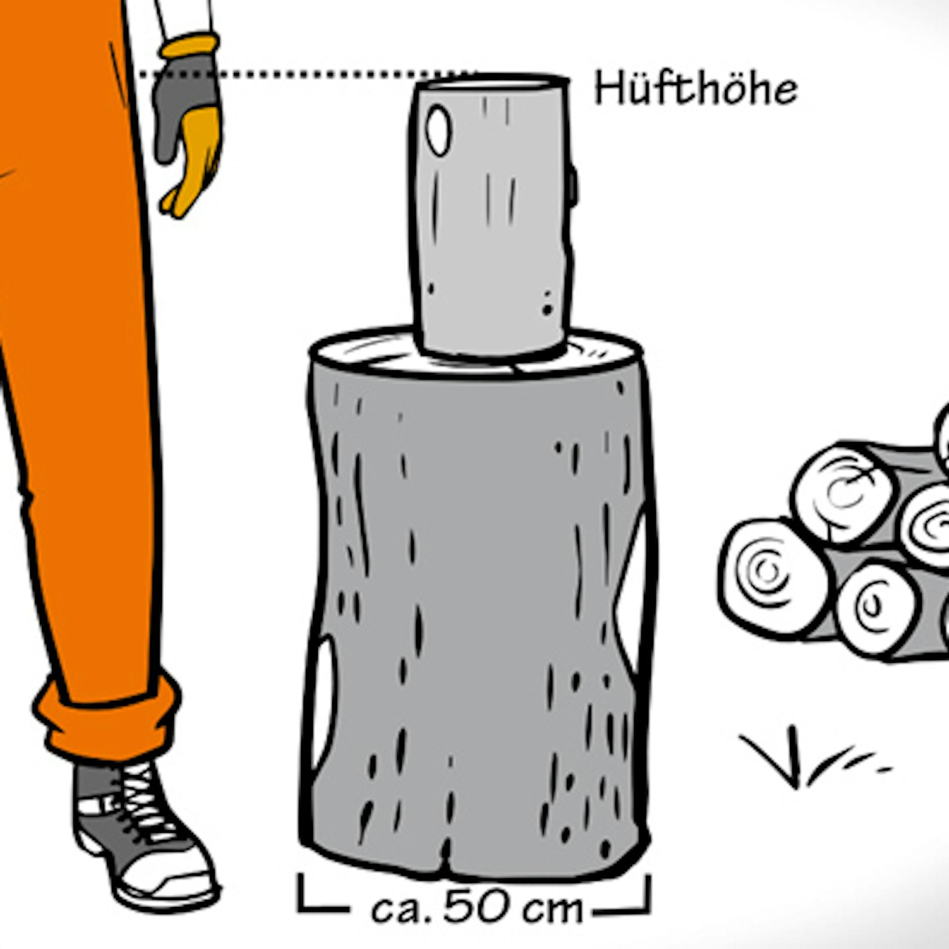 Mann mit Axt neben Hackklotz mit Holzscheit