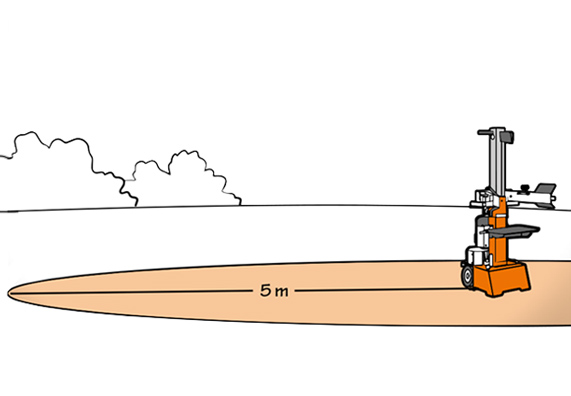 Ein aufgestellter Holzspalter mit 5 m Sicherheitsabstand