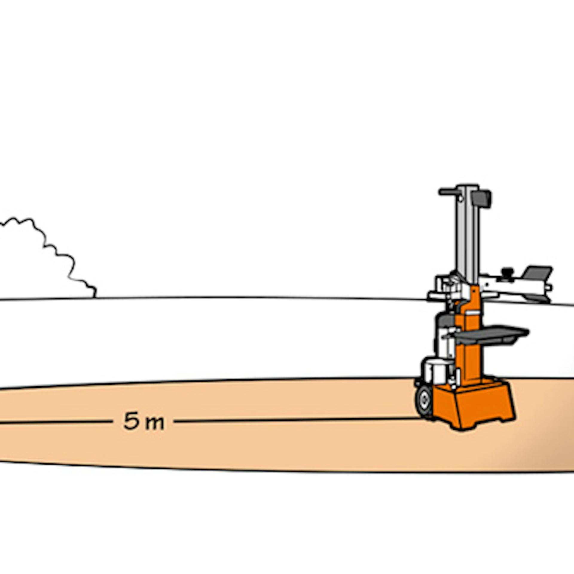 Ein aufgestellter Holzspalter mit 5 m Sicherheitsabstand