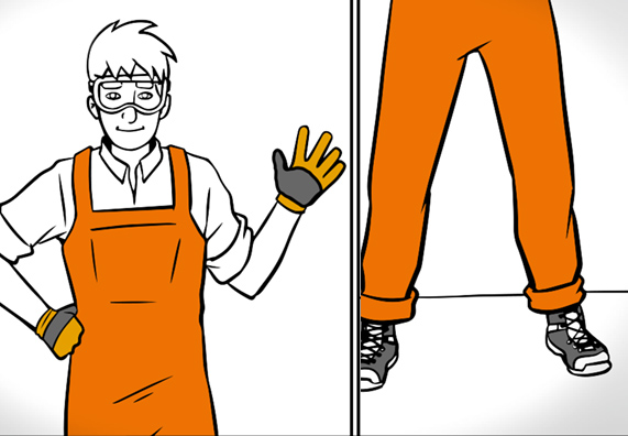 Heimwerker trägt Schutzkleidung für die Arbeit am Holzspalter: Arbeitshandschuhe, Schutzbrille und Arbeitsschuhe.