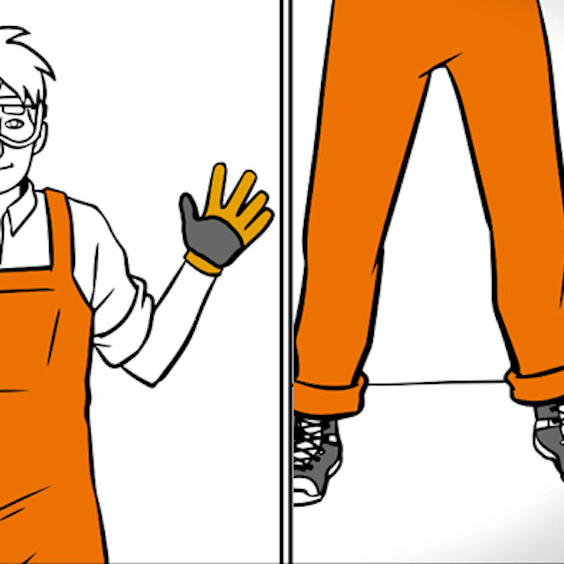 Heimwerker trägt Schutzkleidung für die Arbeit am Holzspalter: Arbeitshandschuhe, Schutzbrille und Arbeitsschuhe.