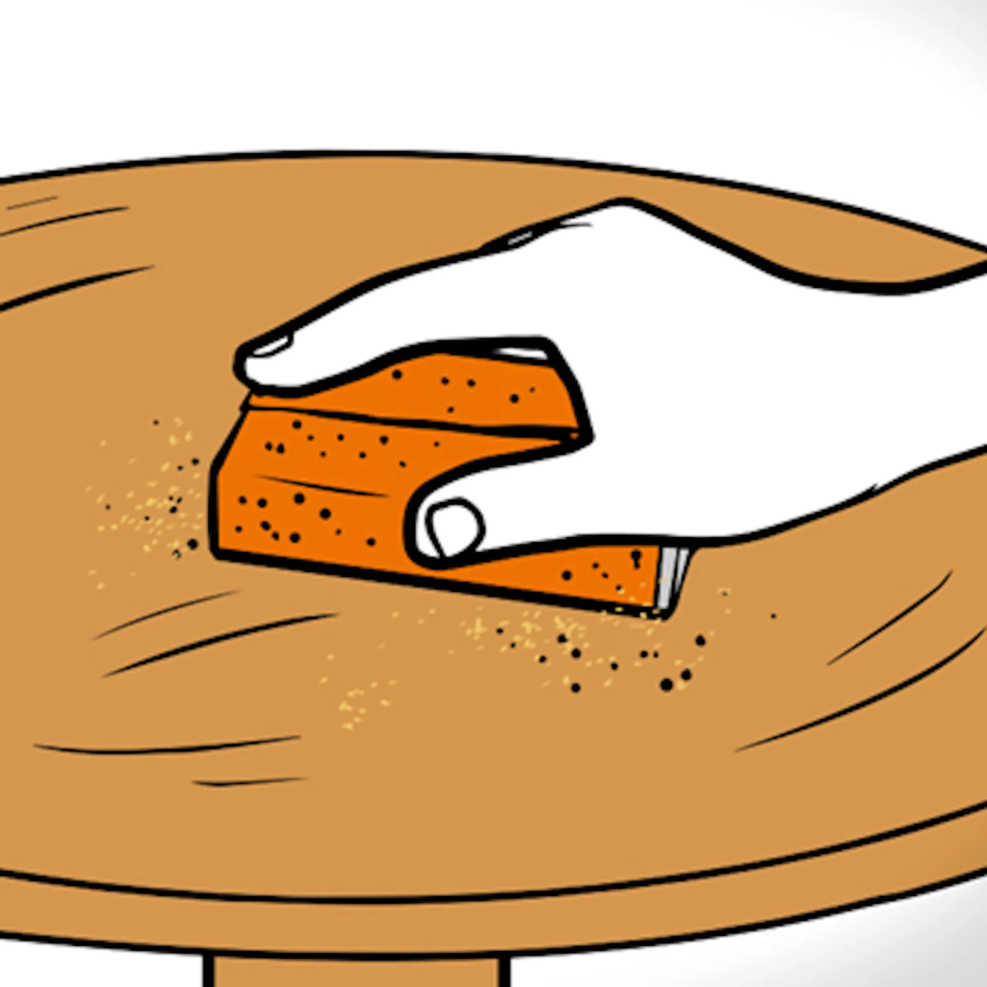 Hand mit Schleifklotz auf Holz