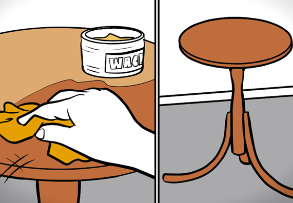 Hand mit Tuch und Wachs auf Tischplatte und Tisch