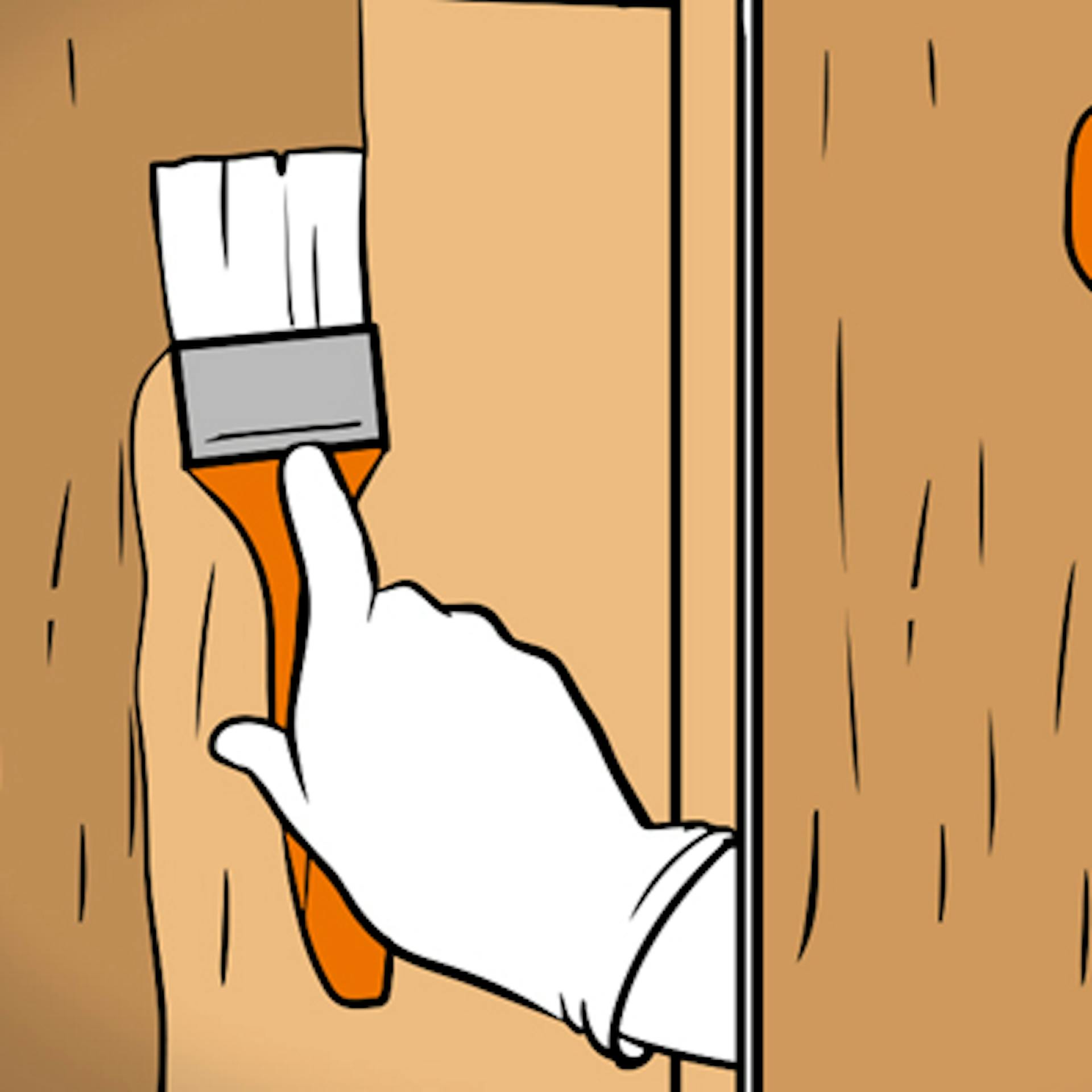 Hand mit Pinsel und Hand mit Tuch auf Holz