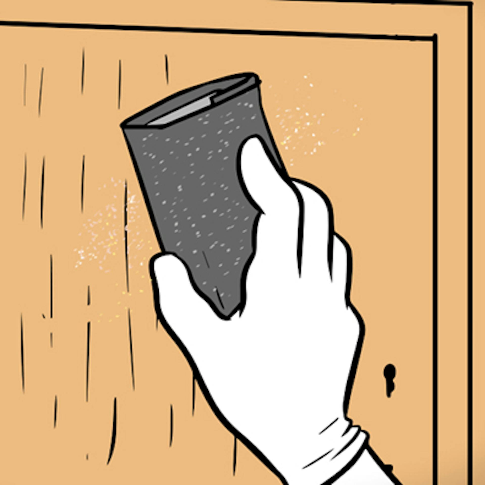 Hand mit Schleifklotz auf Holz